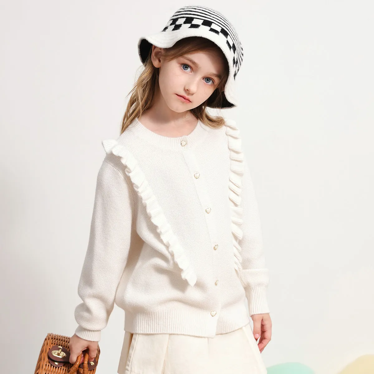 100% Wool Kids Round Neck Heart Button Cardigan