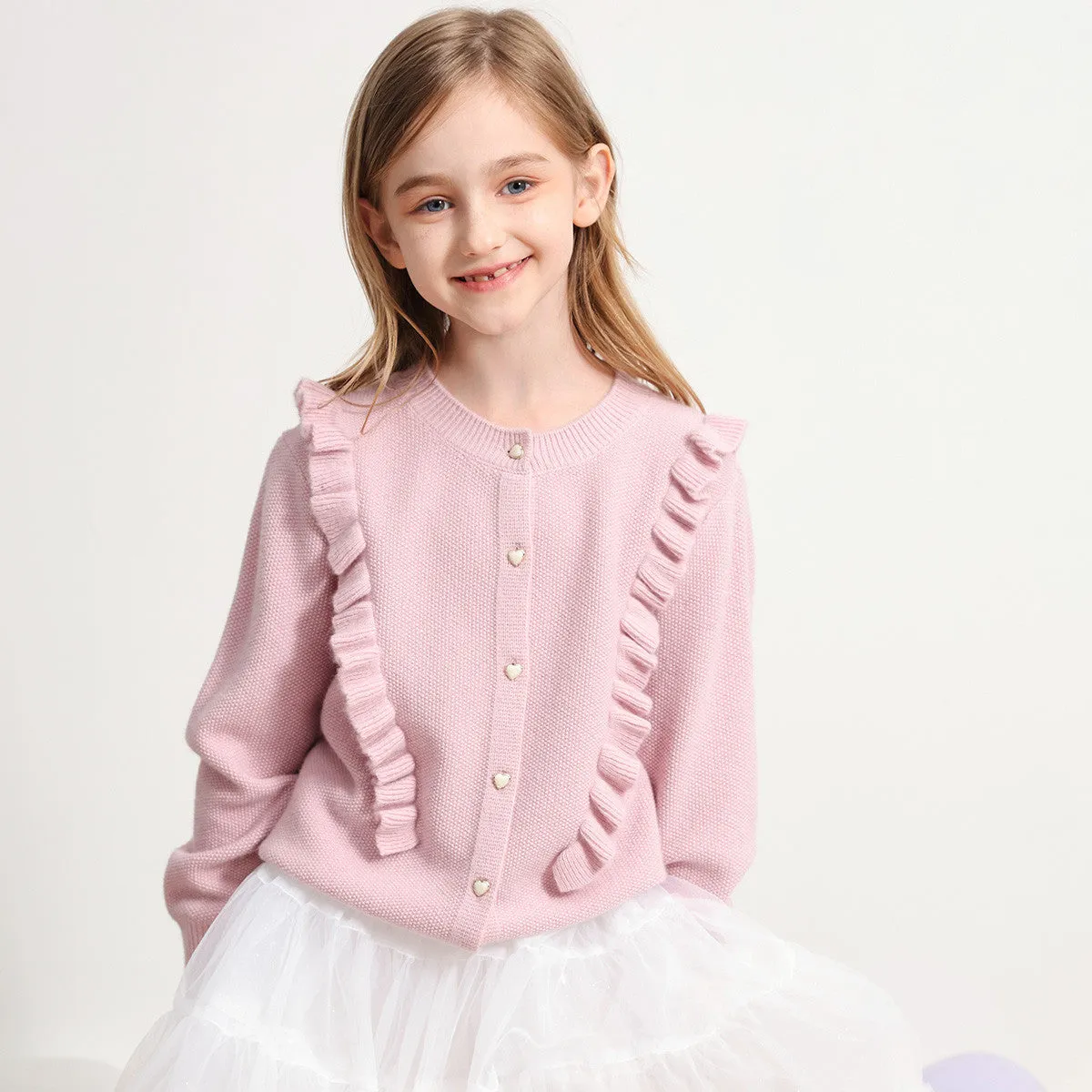 100% Wool Kids Round Neck Heart Button Cardigan