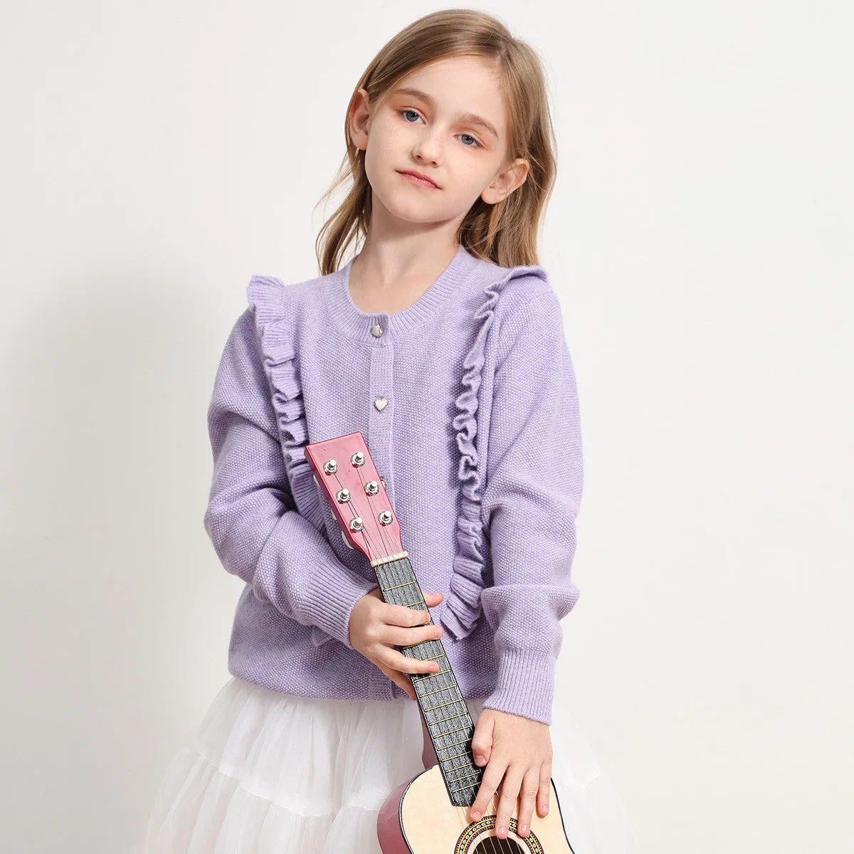 100% Wool Kids Round Neck Heart Button Cardigan