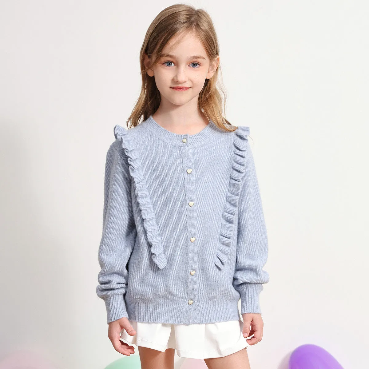 100% Wool Kids Round Neck Heart Button Cardigan