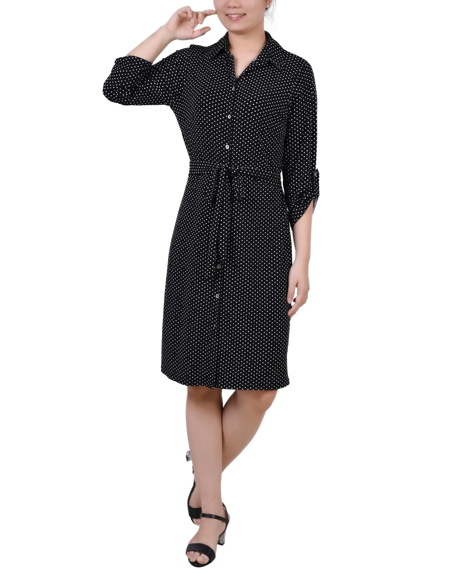 3/4 Roll Tab Sleeve Collared Dress