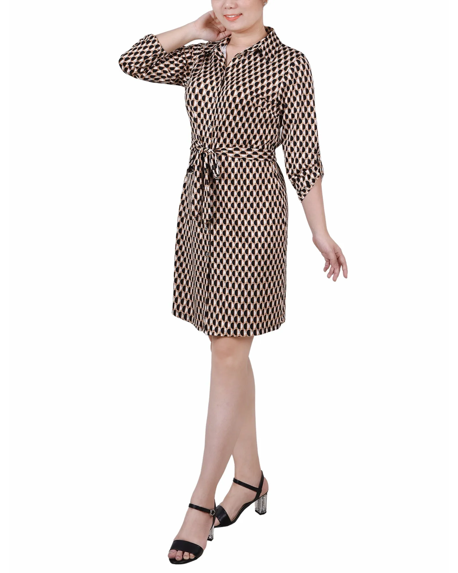 3/4 Roll Tab Sleeve Collared Dress