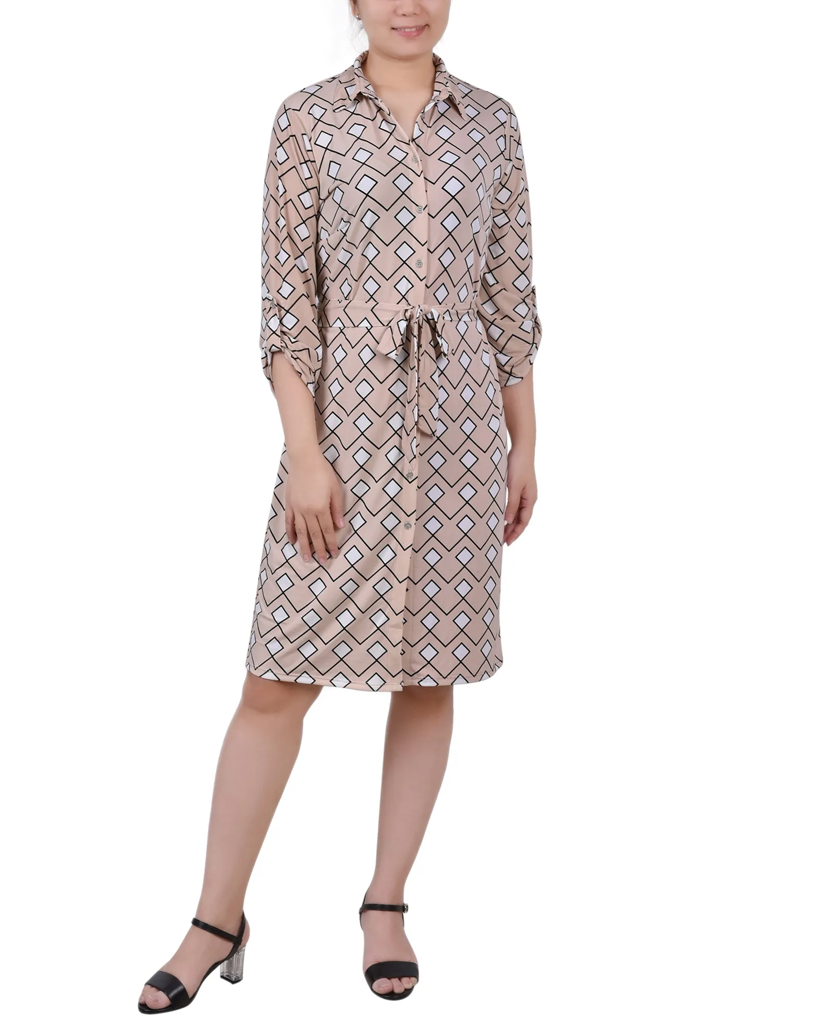 3/4 Roll Tab Sleeve Collared Dress