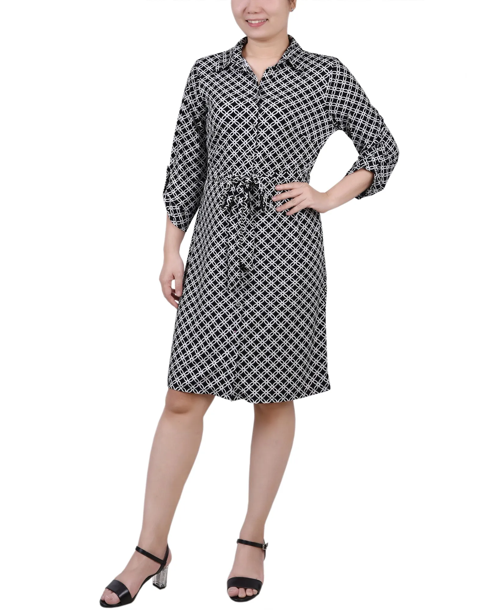 3/4 Roll Tab Sleeve Collared Dress