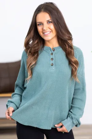 Ash Green Washed Waffle Knit Henley Top