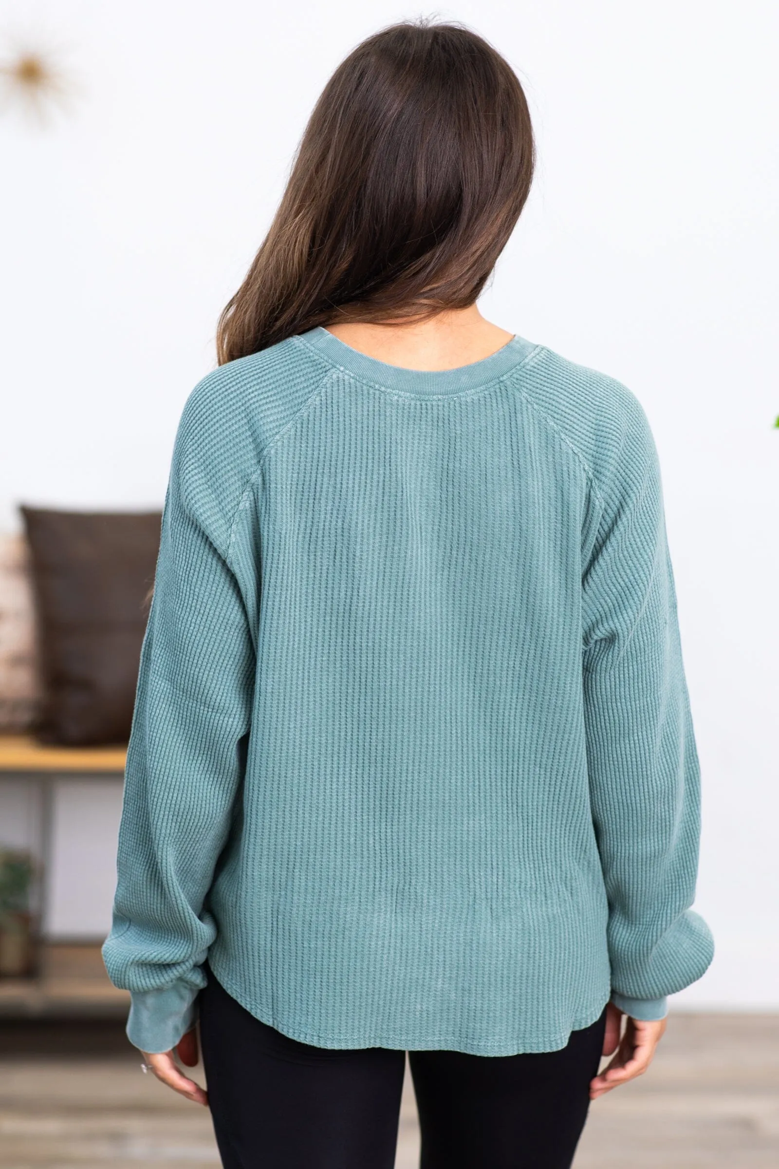 Ash Green Washed Waffle Knit Henley Top