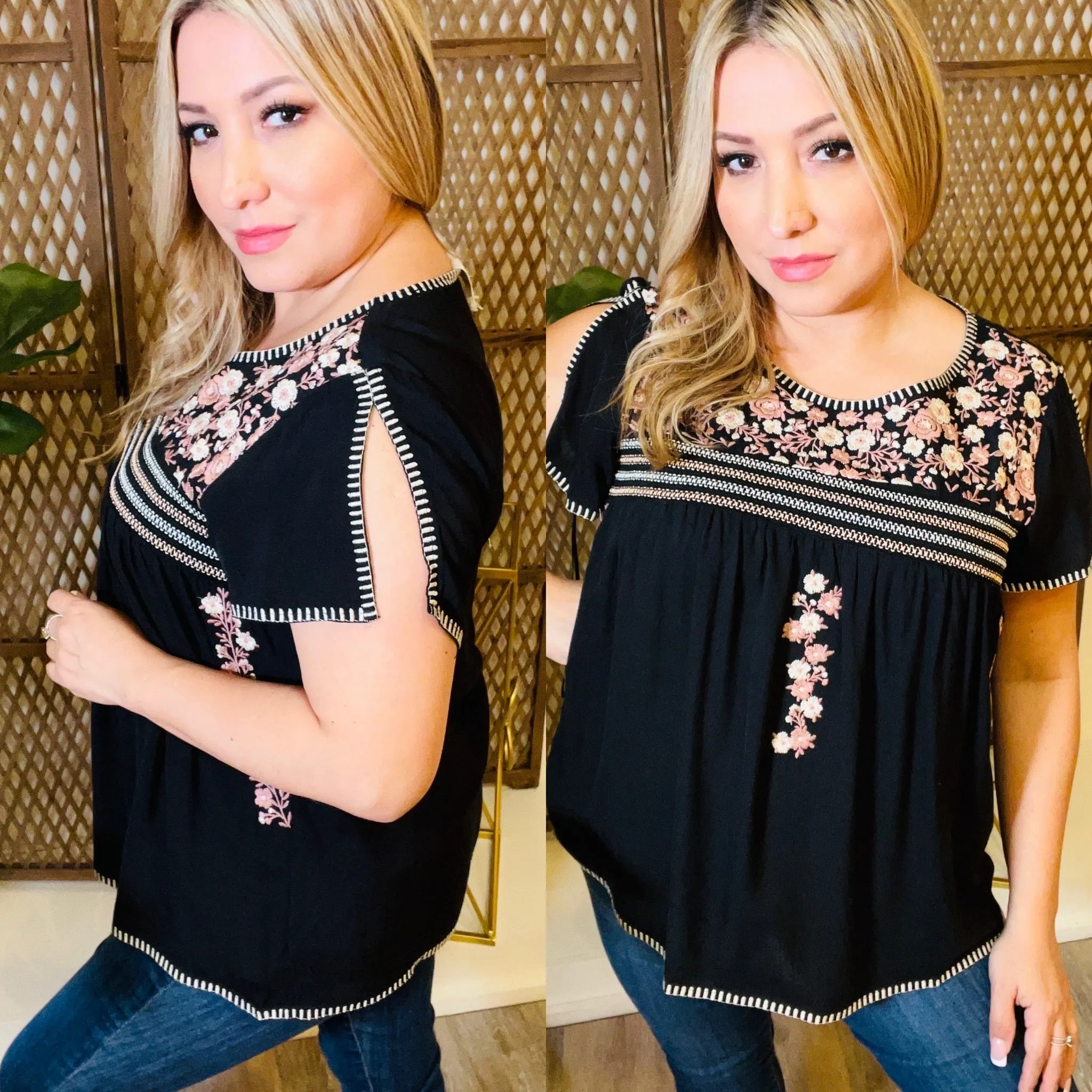 BLACK DAINTY FLORAL EMBROIDERY TOP