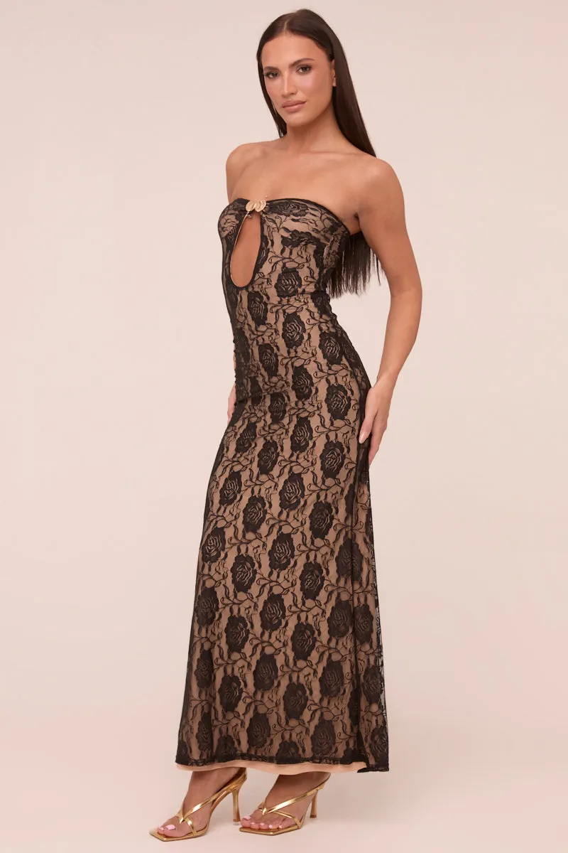 Black Lace Bandeau Metal Trim Maxi Dress - Lucy