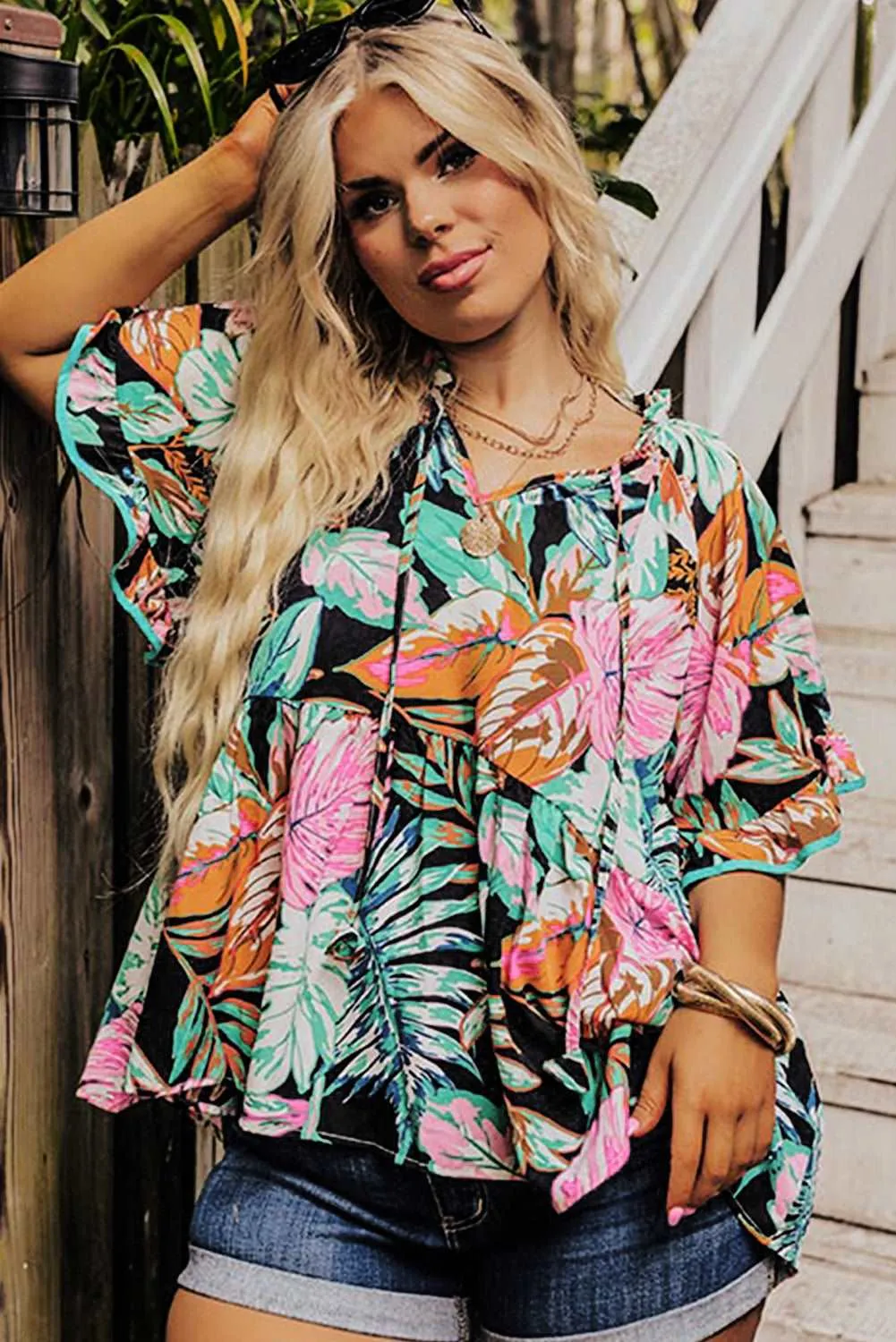 Black Plus Tropical Print Ruffled Sleeve Flowy Blouse