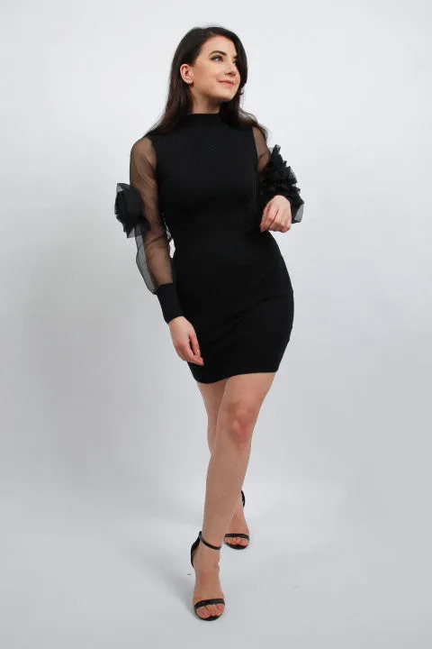 Black rose Organza Balloon  Sleeve Jumper Dress|Black Statement sleeve jumper dress