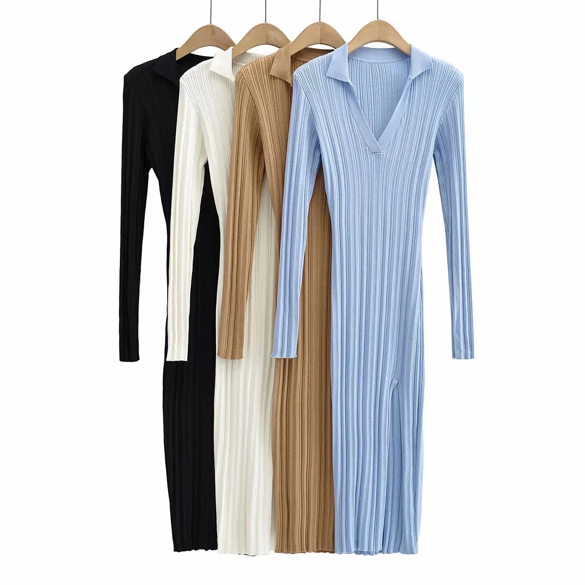 Bodycon Slit Full Sleeve Solid Ribbed Midi Dress