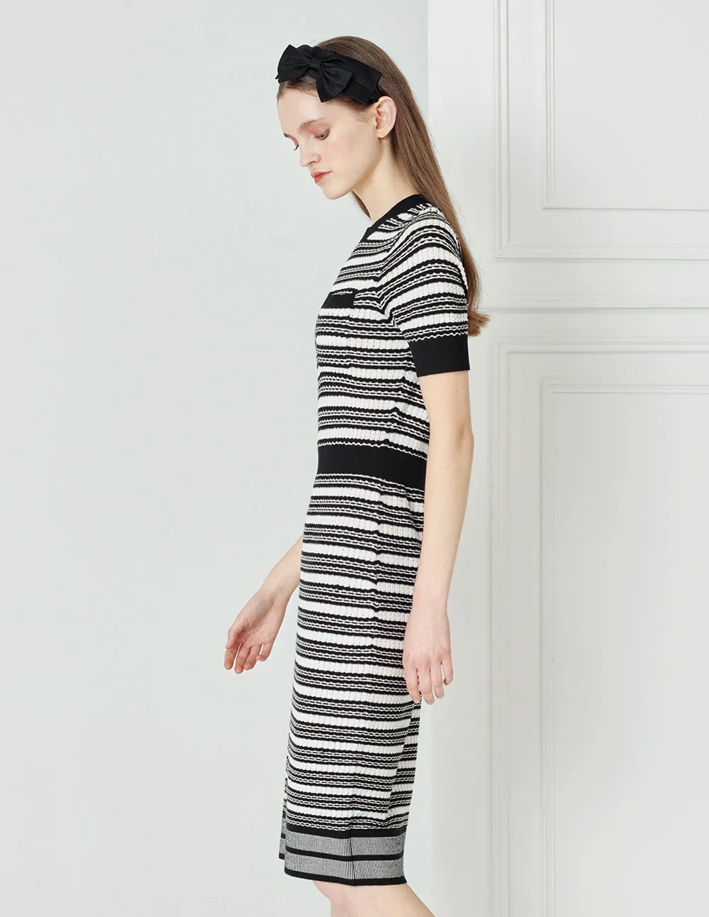 BORA AKSU Black And White Striped Round Neck Short-Sleeved Long Knitted Dress