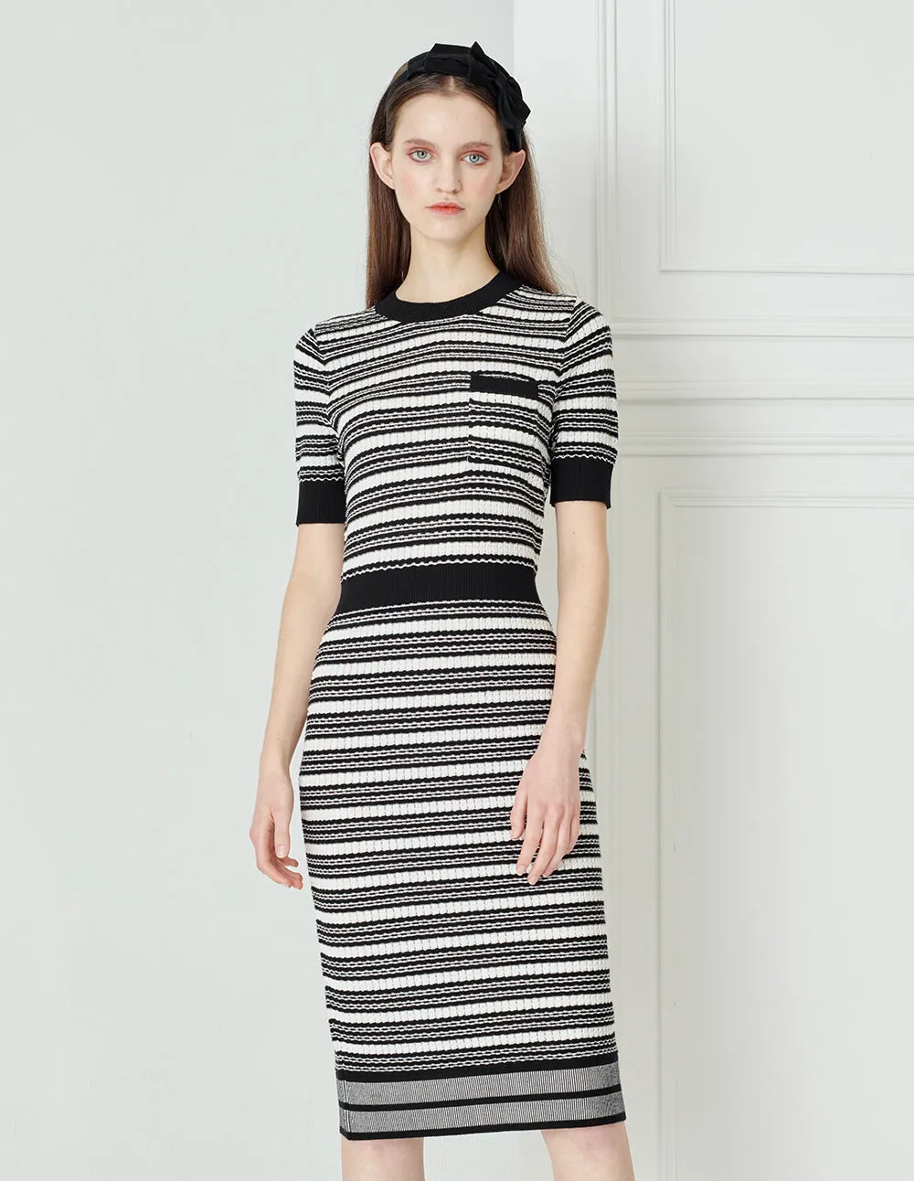 BORA AKSU Black And White Striped Round Neck Short-Sleeved Long Knitted Dress