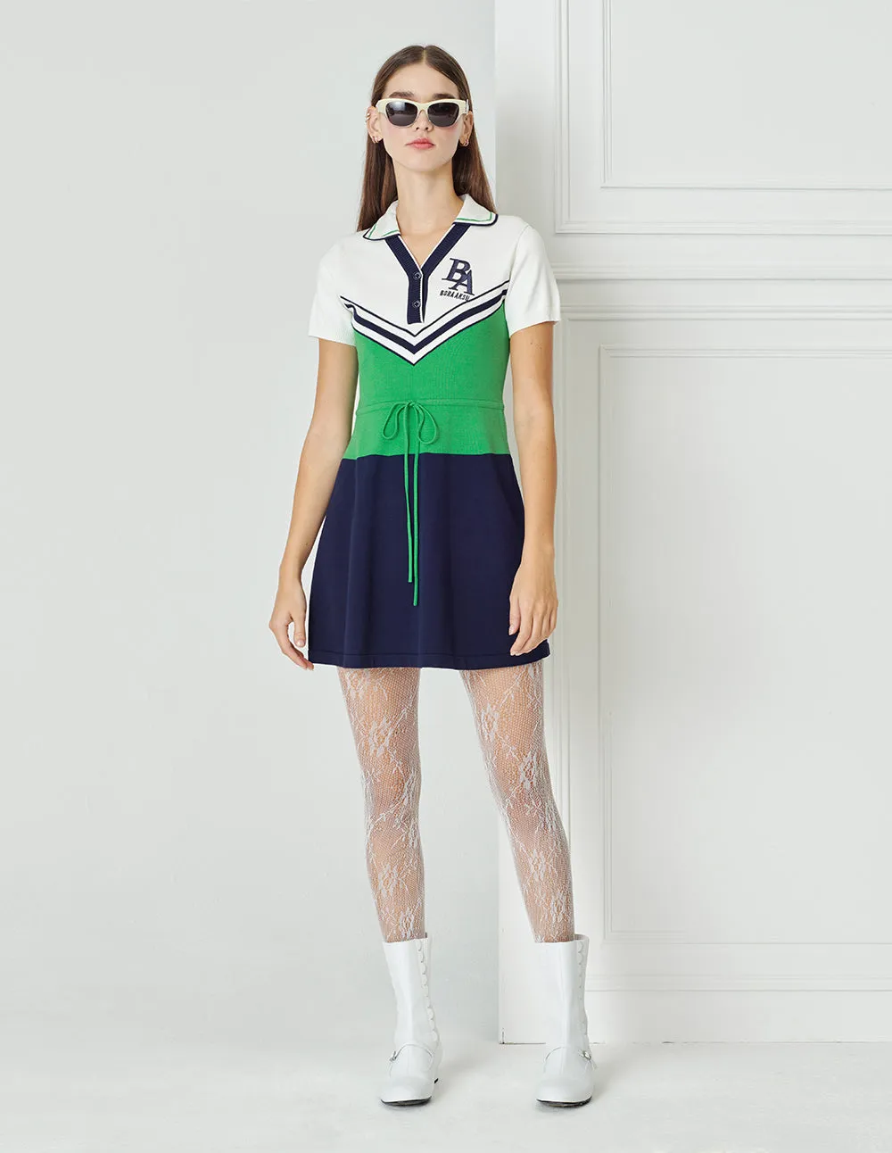 BORA AKSU Colour Block Polo Neck Knit Tie Dress