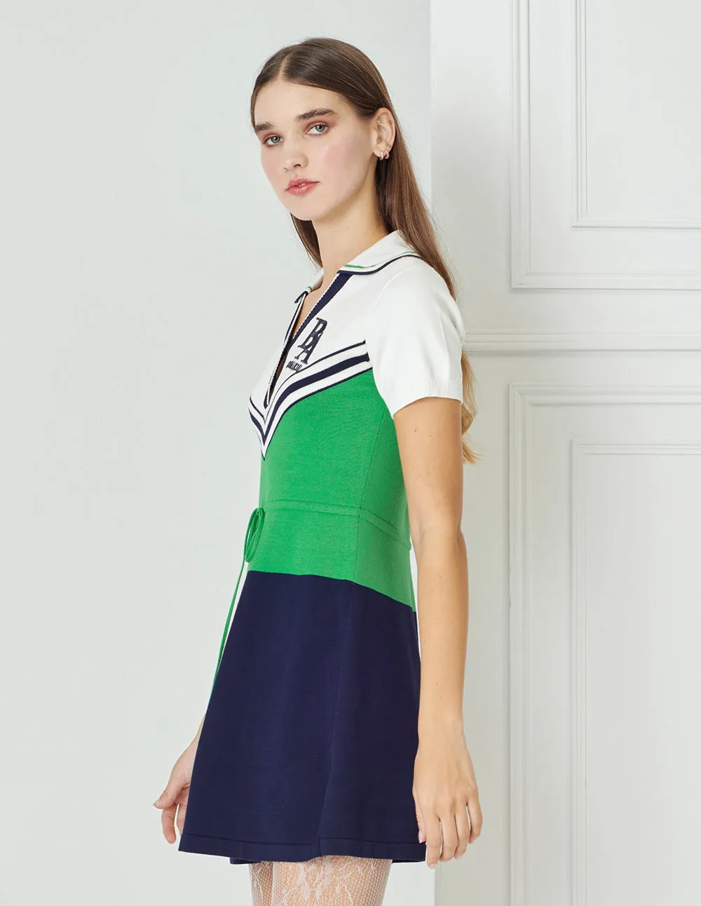 BORA AKSU Colour Block Polo Neck Knit Tie Dress