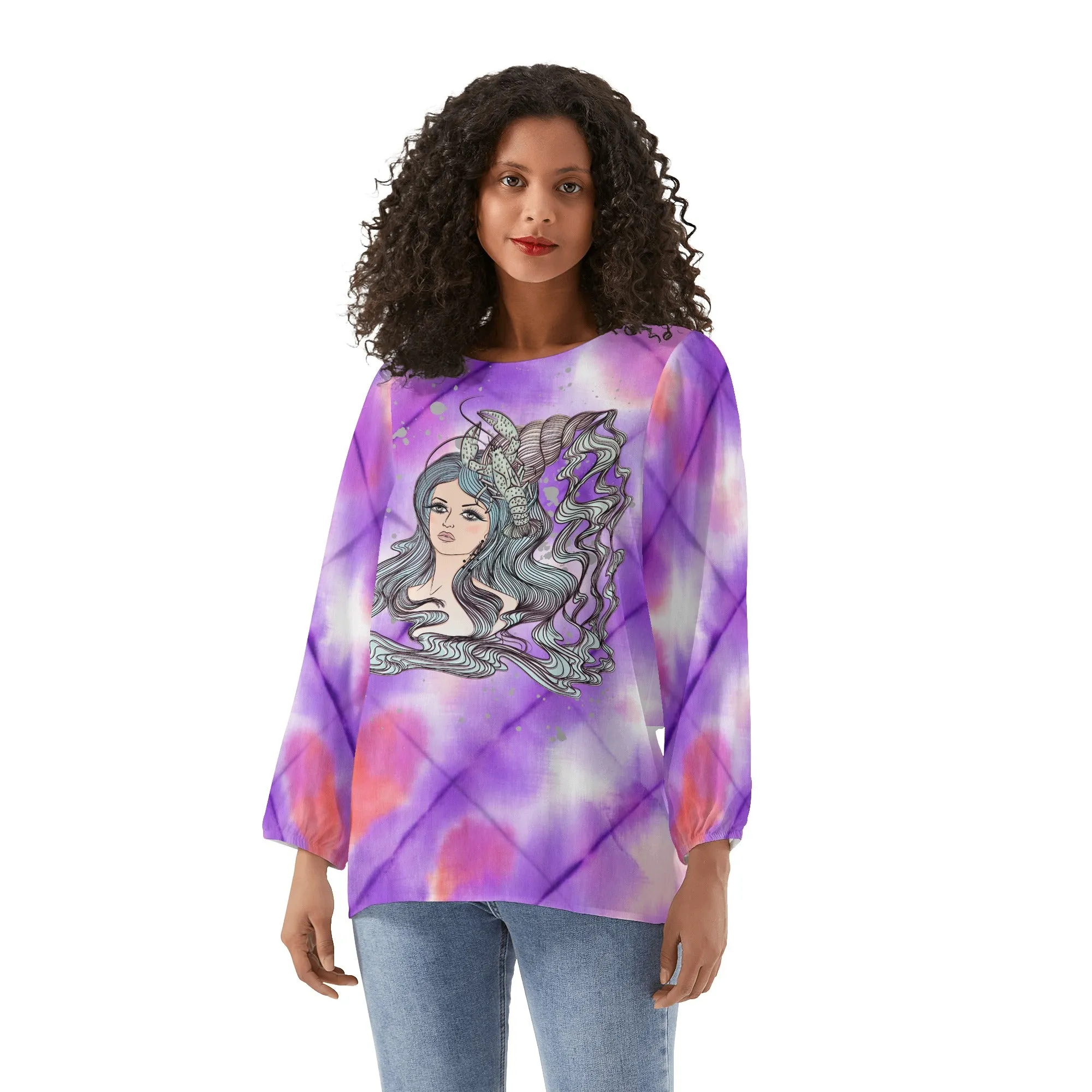 Cancer Woman Zodiac Sign Long Sleeve Chiffon Blouse Inspired by Astrology and Horoscope