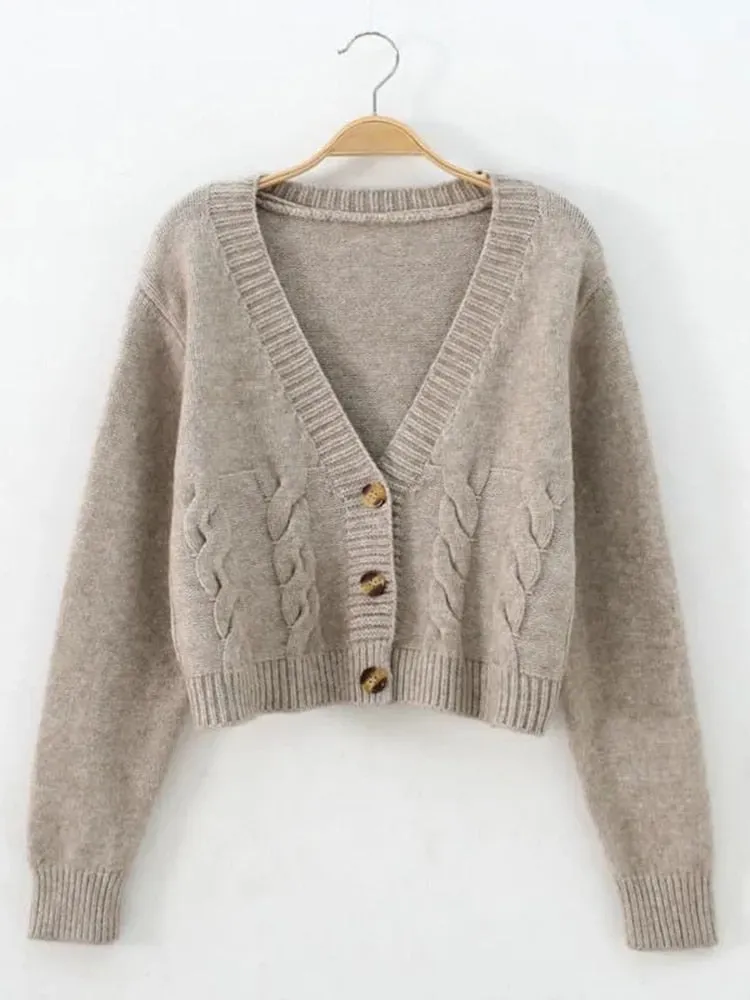 Casual V Neck Women Sweater Twisted Fashion Button Up Cardigan Sweater Fall Korean All Match Knitted Female Thin Coats