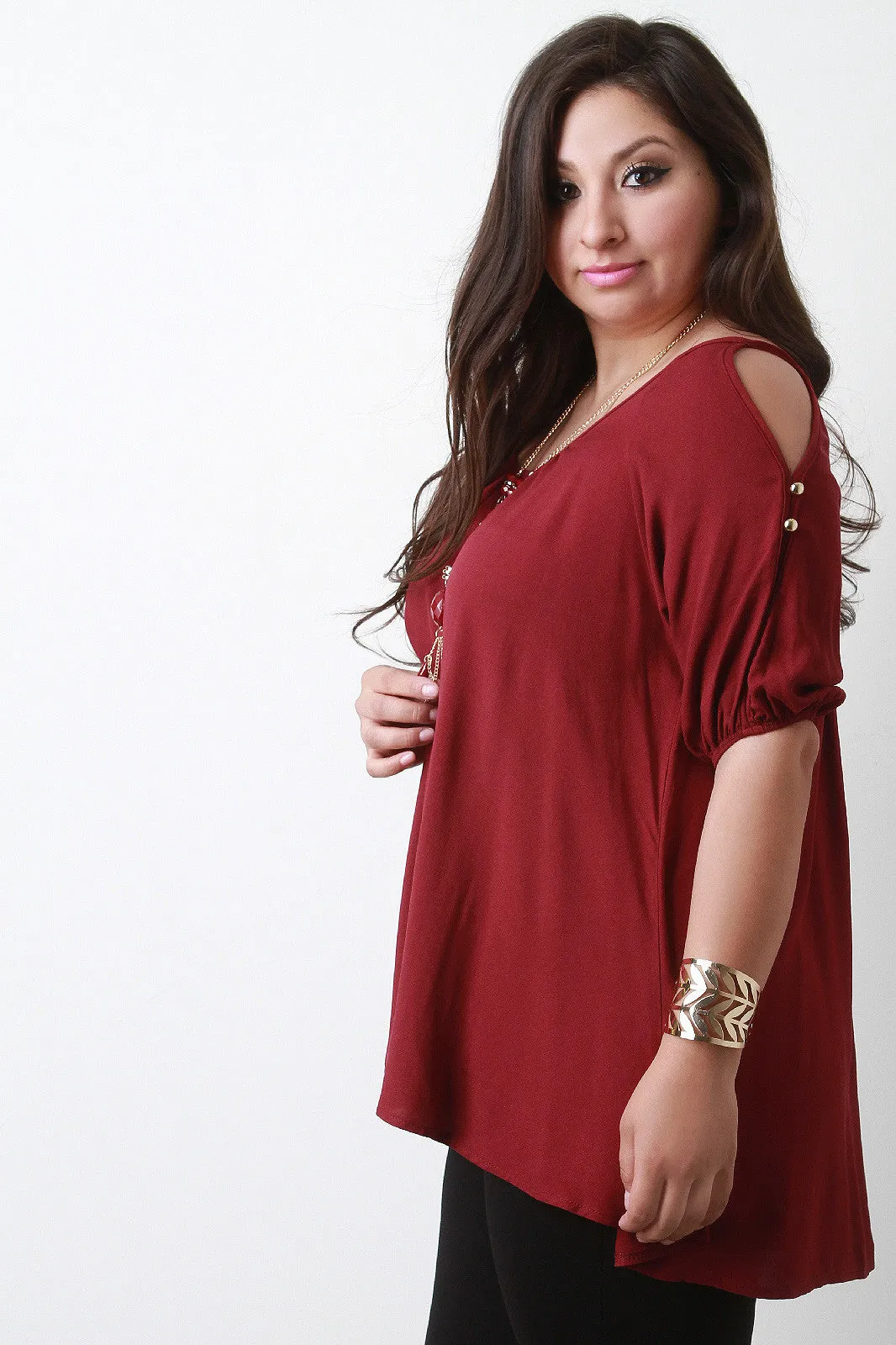 Cold Shoulder Button Accent Blouse Top