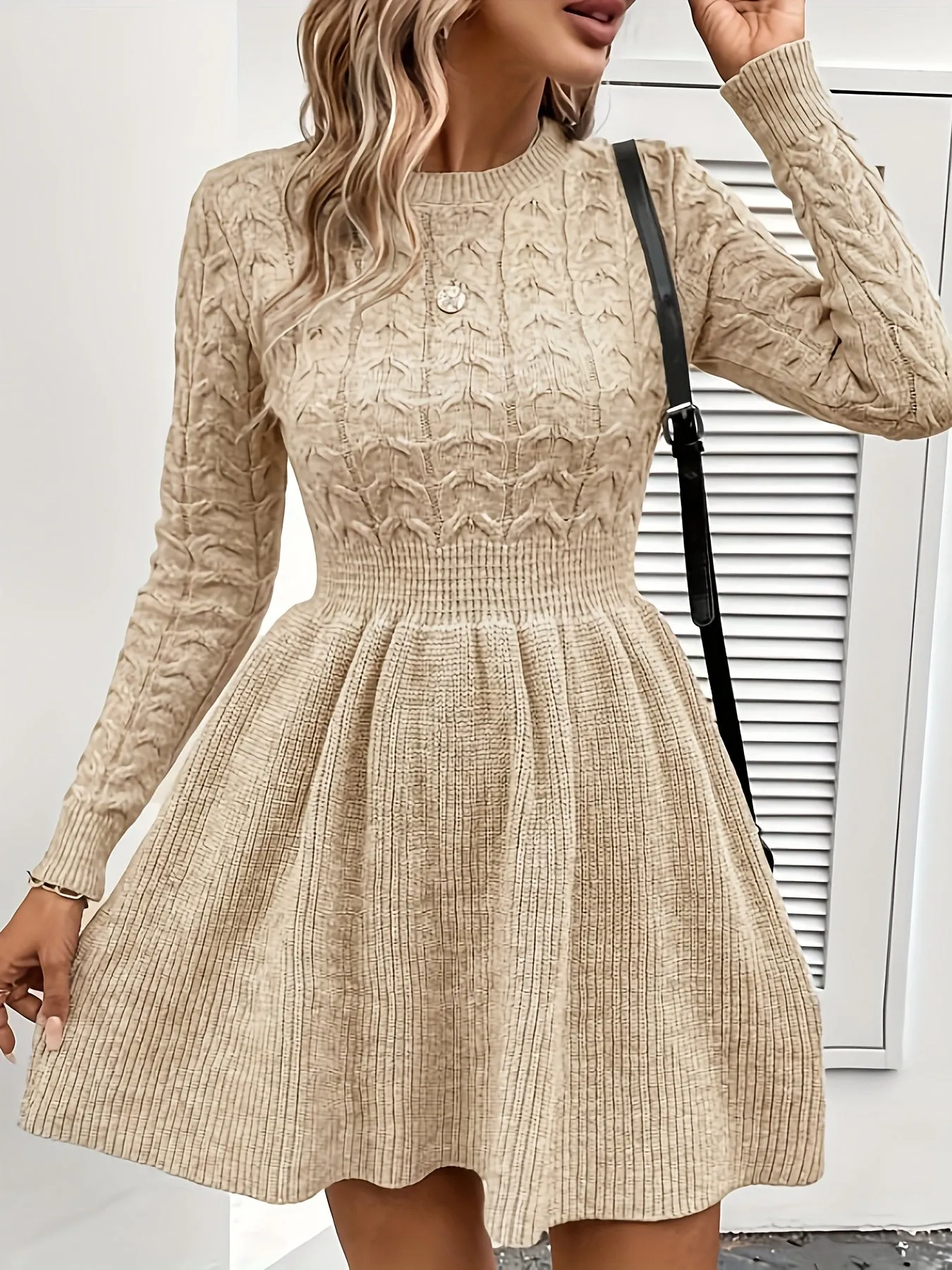 Cozy Shirred Waist Dress - Soft Cable Knit Fabric, Delicate Ruffle Hem, Long Sleeve, and Flattering Silhouette - Perfect for Womens Everyday Wear in Fall and Winter Seasons