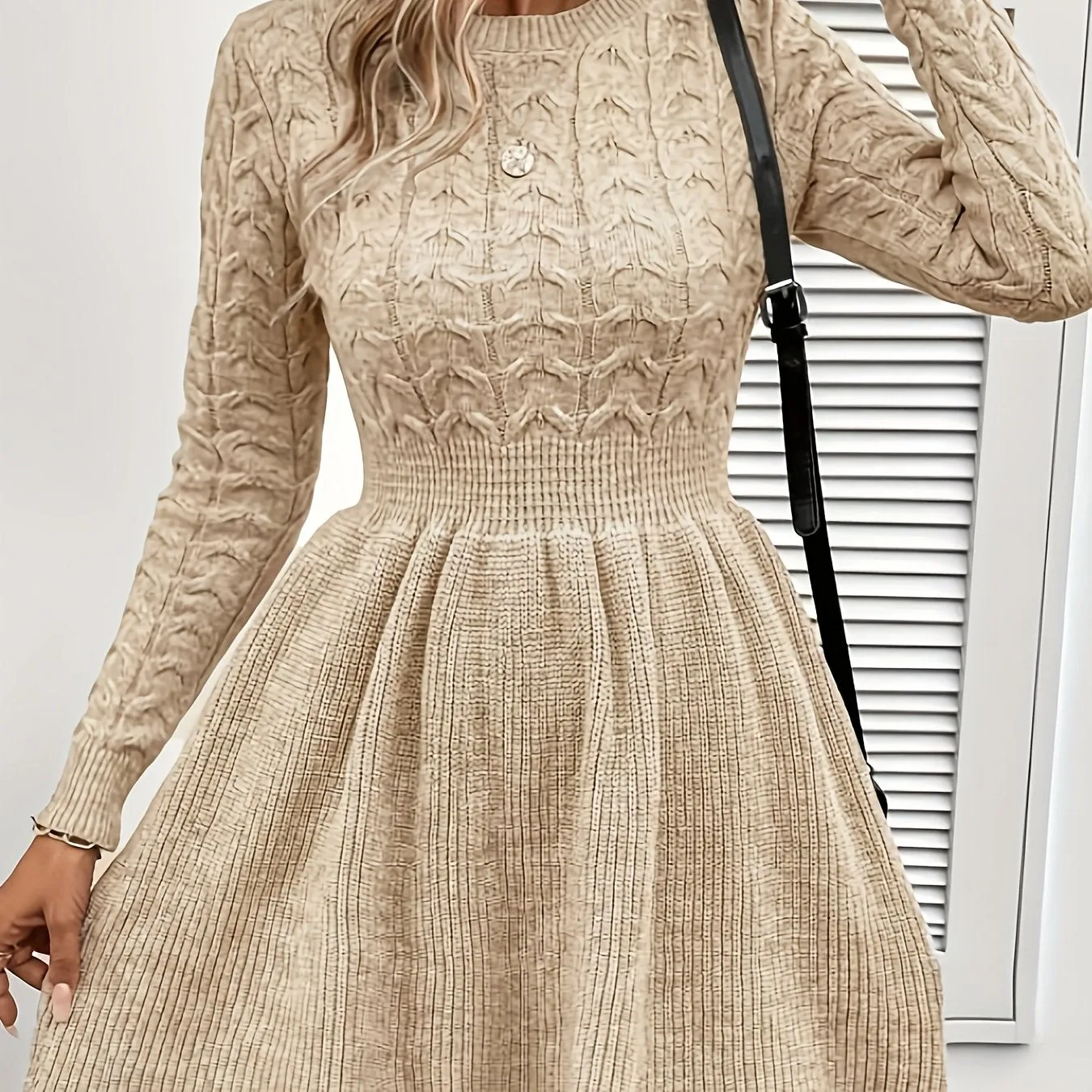 Cozy Shirred Waist Dress - Soft Cable Knit Fabric, Delicate Ruffle Hem, Long Sleeve, and Flattering Silhouette - Perfect for Womens Everyday Wear in Fall and Winter Seasons