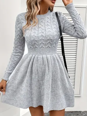 Cozy Shirred Waist Dress - Soft Cable Knit Fabric, Delicate Ruffle Hem, Long Sleeve, and Flattering Silhouette - Perfect for Womens Everyday Wear in Fall and Winter Seasons