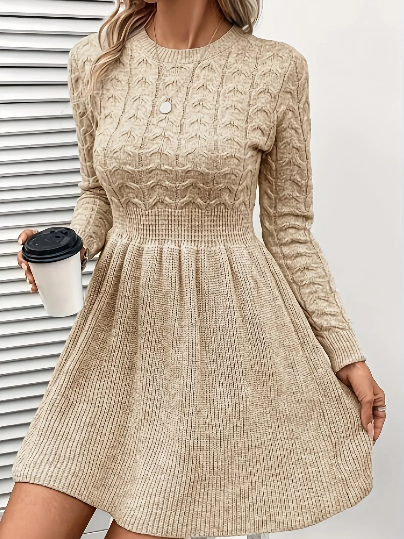 Cozy Shirred Waist Dress - Soft Cable Knit Fabric, Delicate Ruffle Hem, Long Sleeve, and Flattering Silhouette - Perfect for Womens Everyday Wear in Fall and Winter Seasons