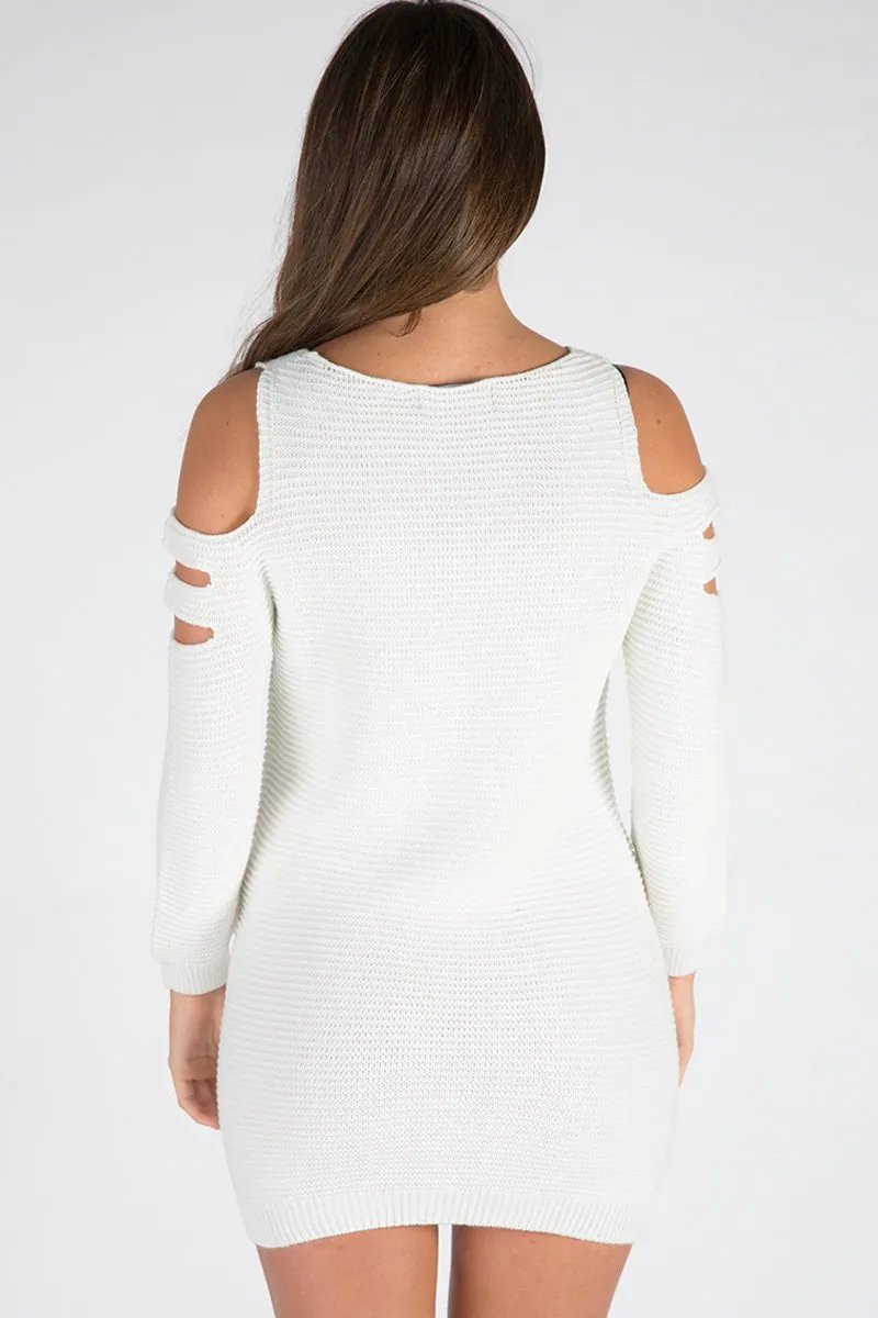 Cream Knitted Cold Shoulder Cut Out Jumper Dress - Sienna