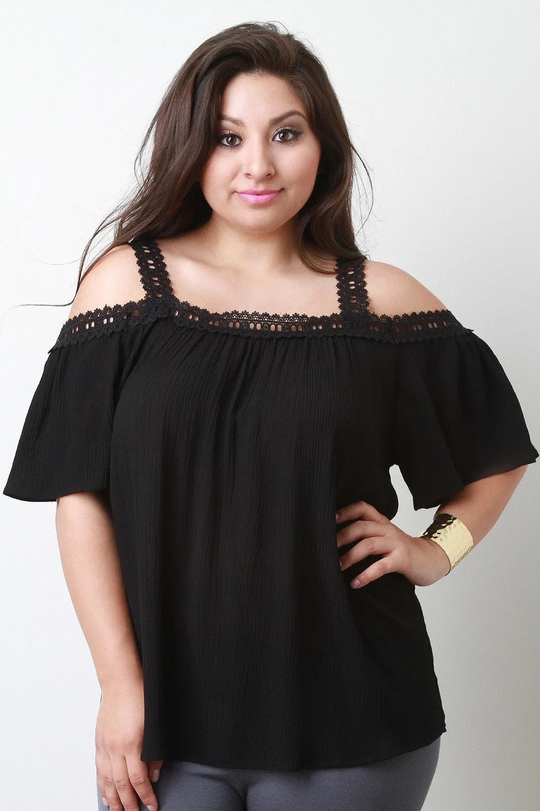 Crinkle Cold Shoulder Lace Trim Flowy Blouse Top