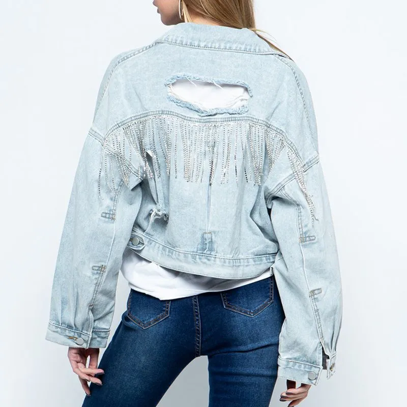 Cropped Collared Neck Dropped Shoulder Denim Jacket