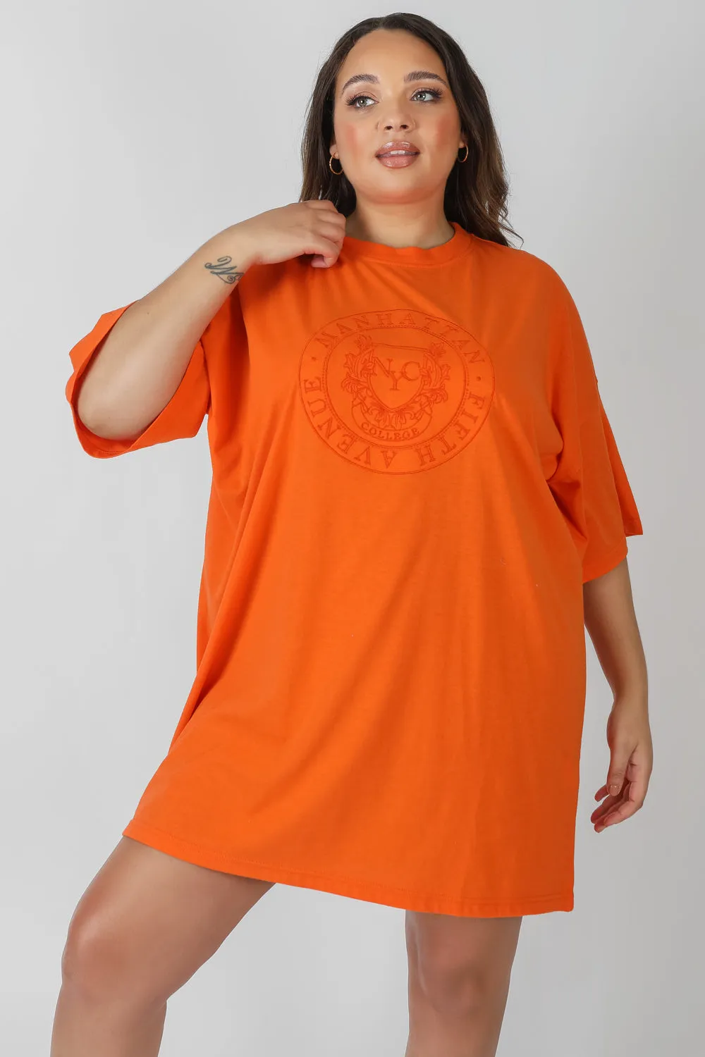 Curve Manhattan Embroidered Oversized T-Shirt Dress Orange