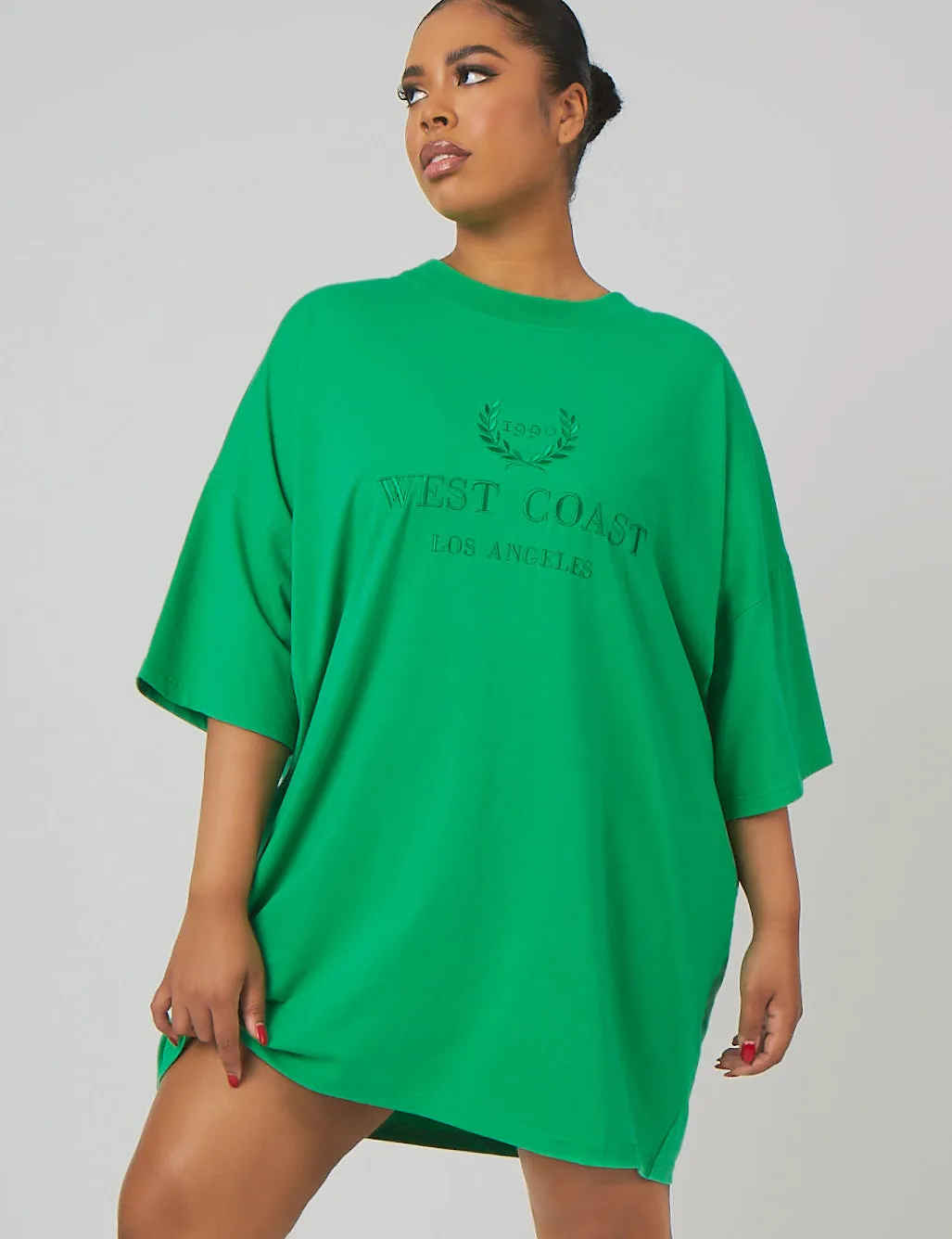 Curve Tonal Embroidered Oversized T-Shirt Dress Green