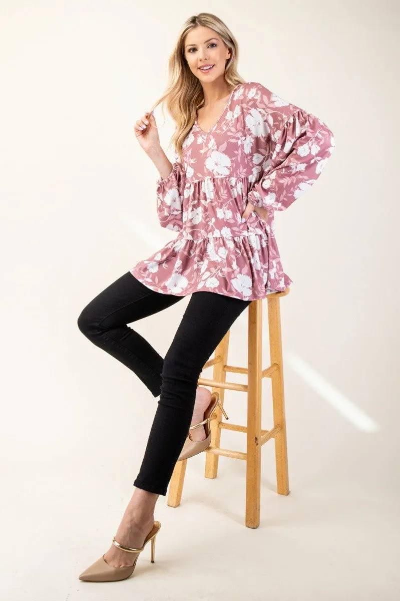 Full Size Tiered Floral V-Neck Long Sleeve Blouse