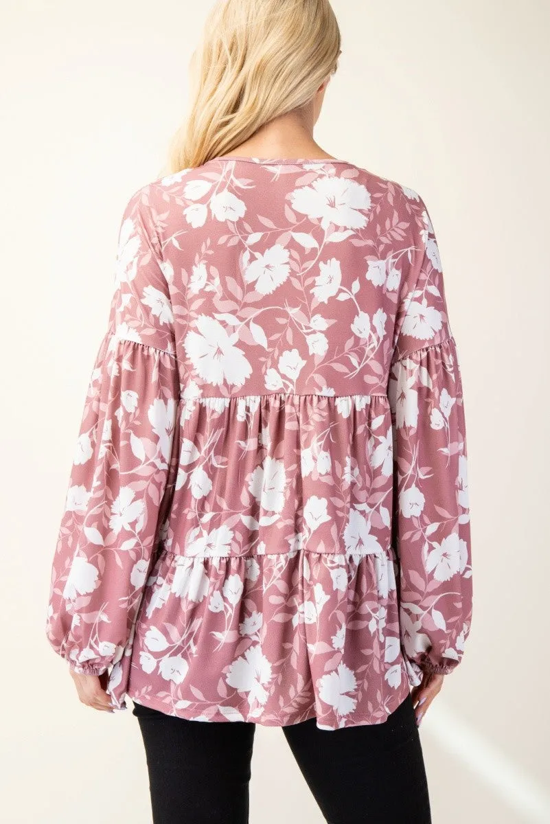 Full Size Tiered Floral V-Neck Long Sleeve Blouse