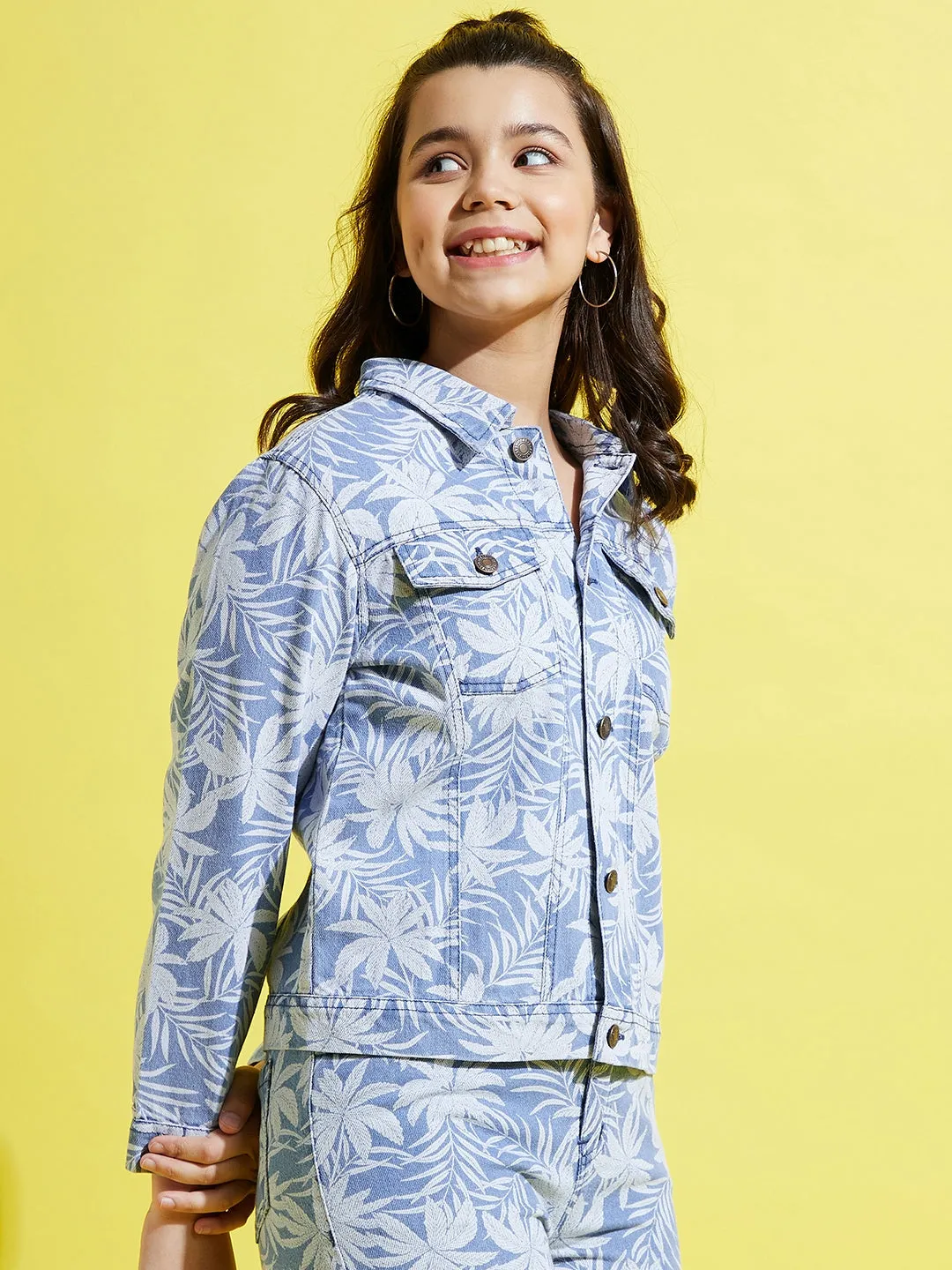 Girls Blue Denim Tropical Print Jacket