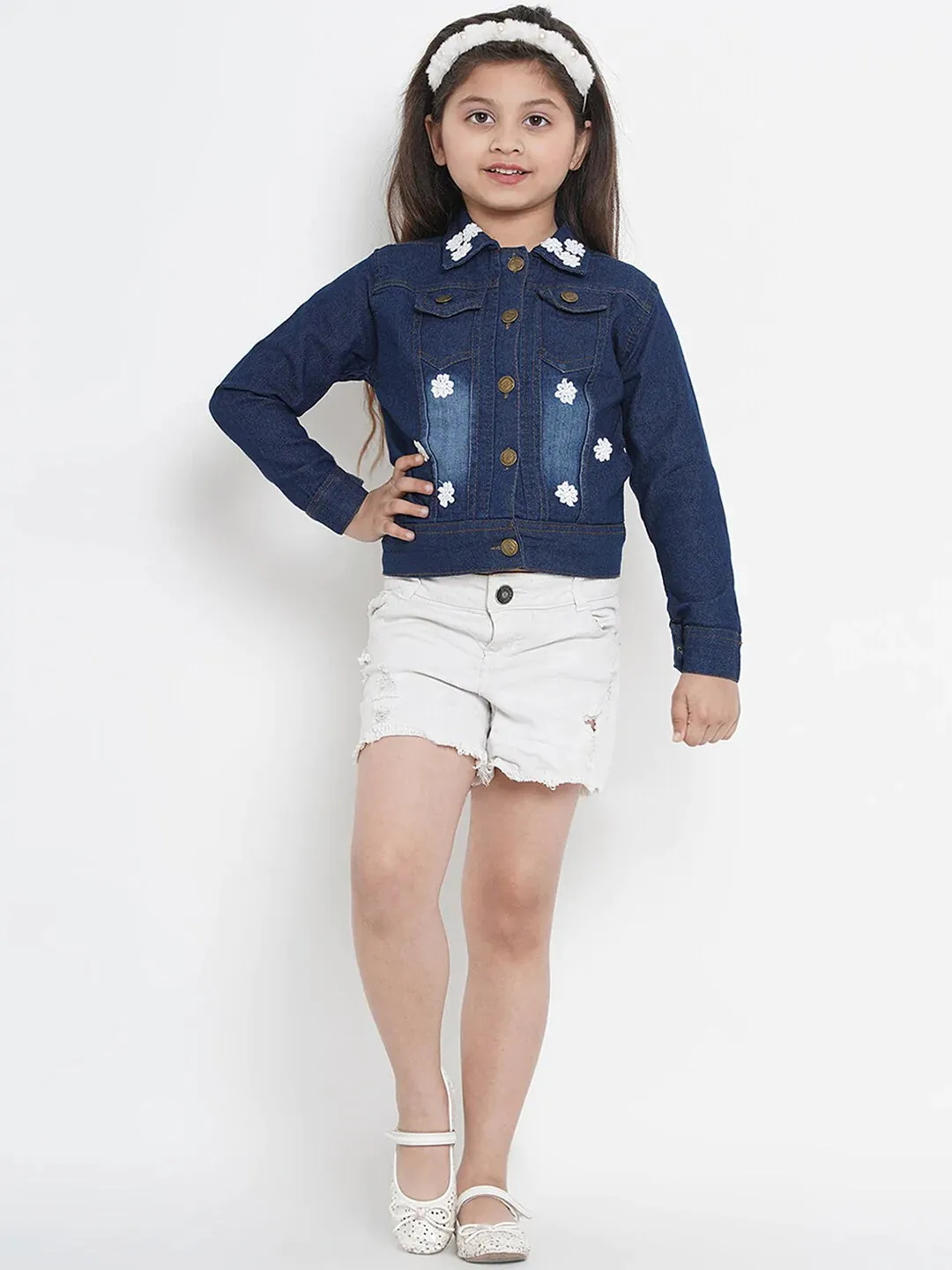 Girls Blue Solid Lightweight Denim Jacket