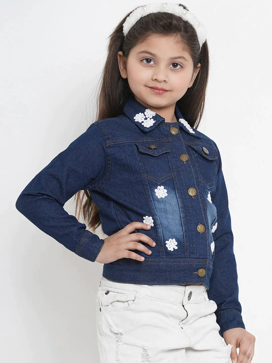 Girls Blue Solid Lightweight Denim Jacket