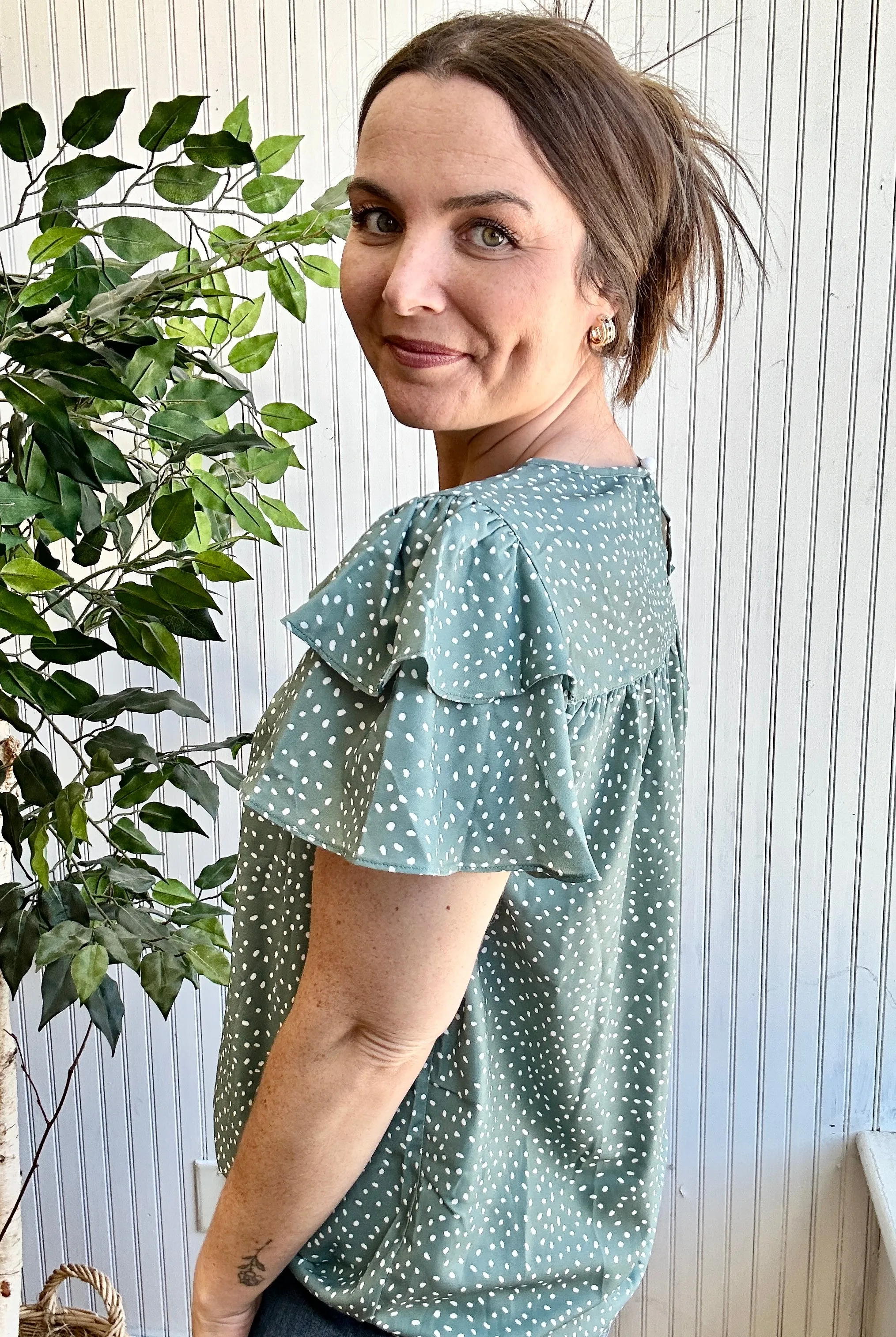 Green Polka Dotted Blouse