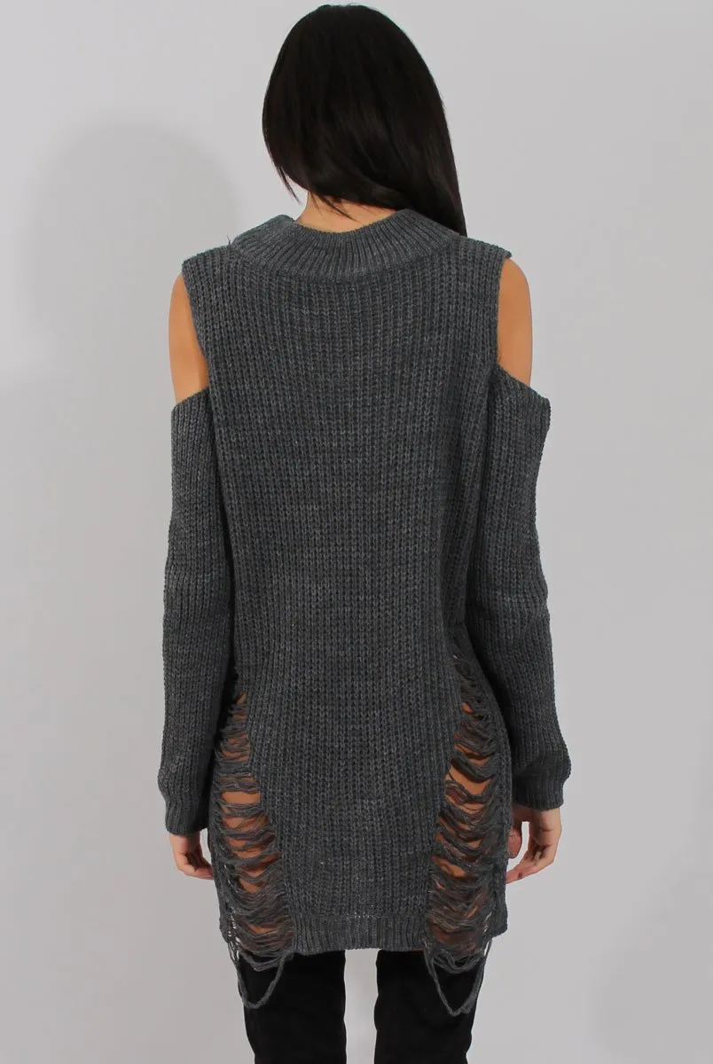 Grey Knitted Cut Out Front Cold Shoulder Distressed Jumper Dress - Jamie