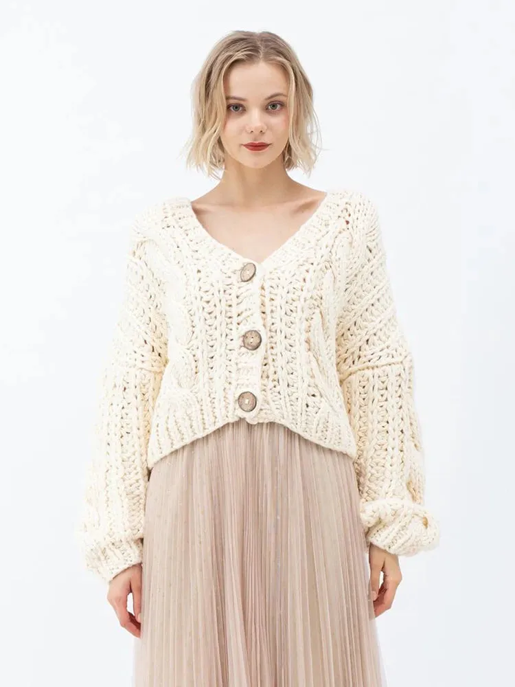 Handmade Chunky Knit Tops Women Fashion Cropped Knitted Cardigan Sweater Vintage Long Sleeve Female Outwear Chic C-159