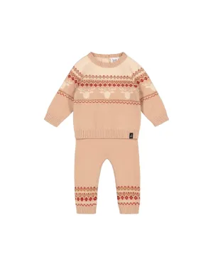 Jacquard Knitted Sweater And Pants Set Beige