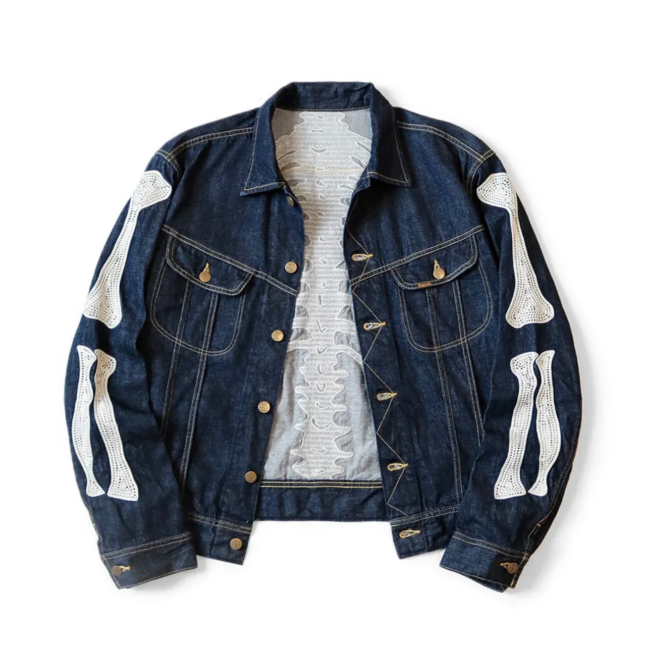 Japanese Dark Blue Denim Lapel Bone Embroidery Loose Jacket