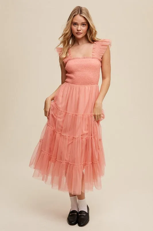 Jolene Smocked Ruffle Tiered Mesh Midi Maxi Dress