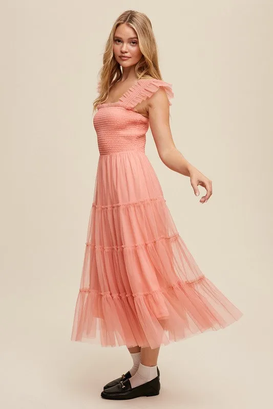 Jolene Smocked Ruffle Tiered Mesh Midi Maxi Dress