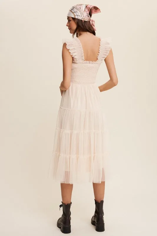 Jolene Smocked Ruffle Tiered Mesh Midi Maxi Dress