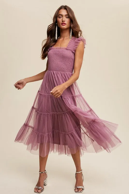 Jolene Smocked Ruffle Tiered Mesh Midi Maxi Dress