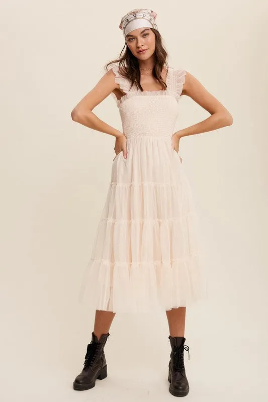 Jolene Smocked Ruffle Tiered Mesh Midi Maxi Dress