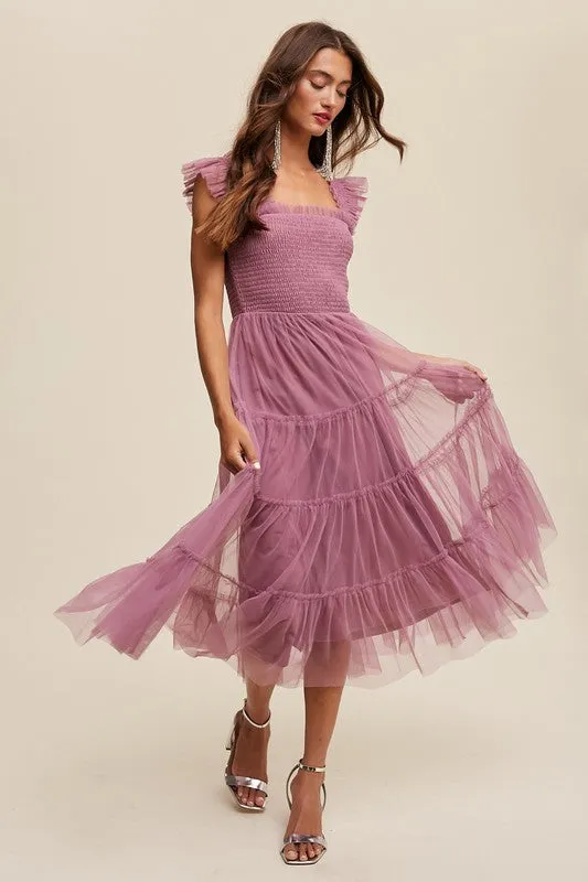 Jolene Smocked Ruffle Tiered Mesh Midi Maxi Dress