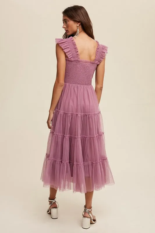 Jolene Smocked Ruffle Tiered Mesh Midi Maxi Dress