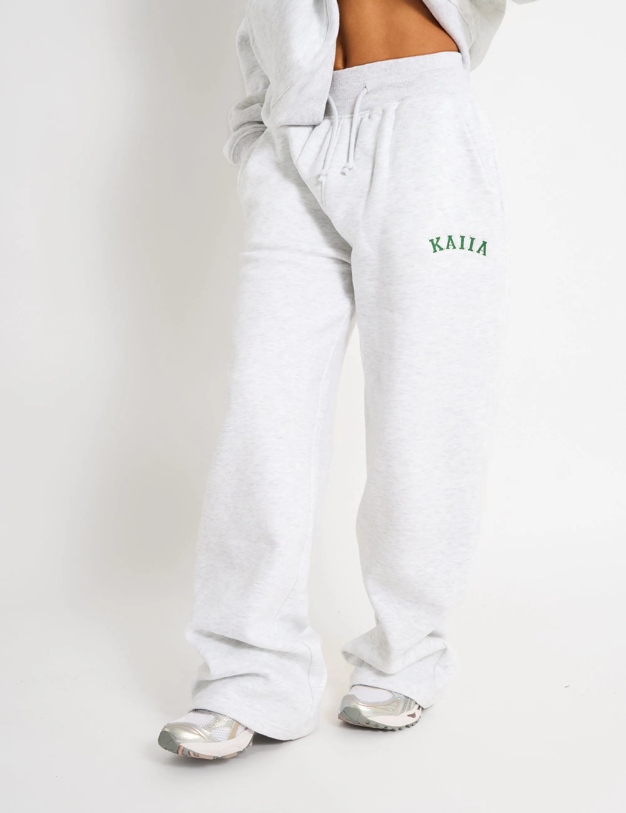 Kaiia Ribbed Waistband Wide Leg Joggers Light Grey Marl & Forest Green