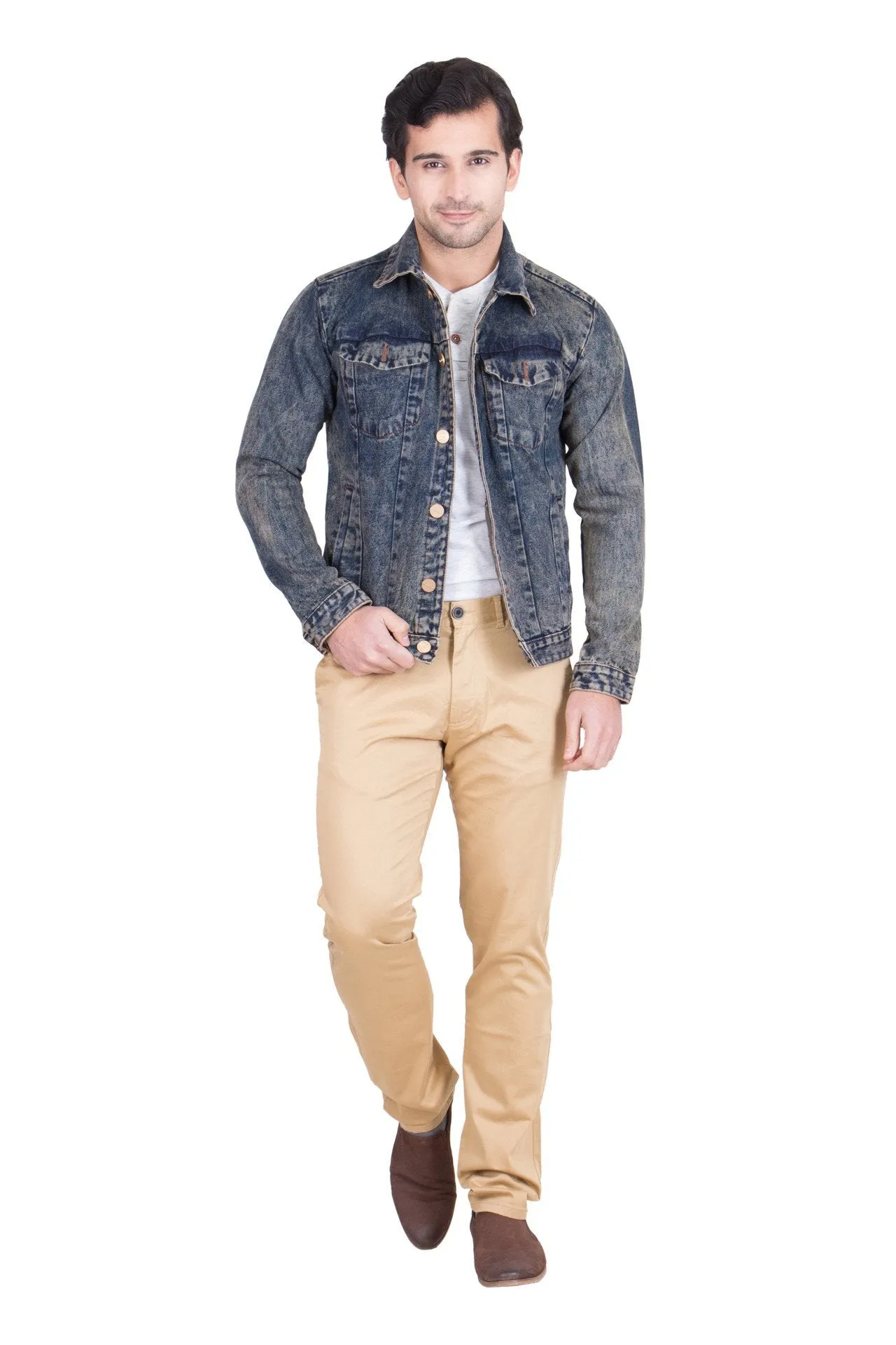 Krossstitch Full Sleeve Brown Cloud Wash Men's Denim Jacket with Brass Button